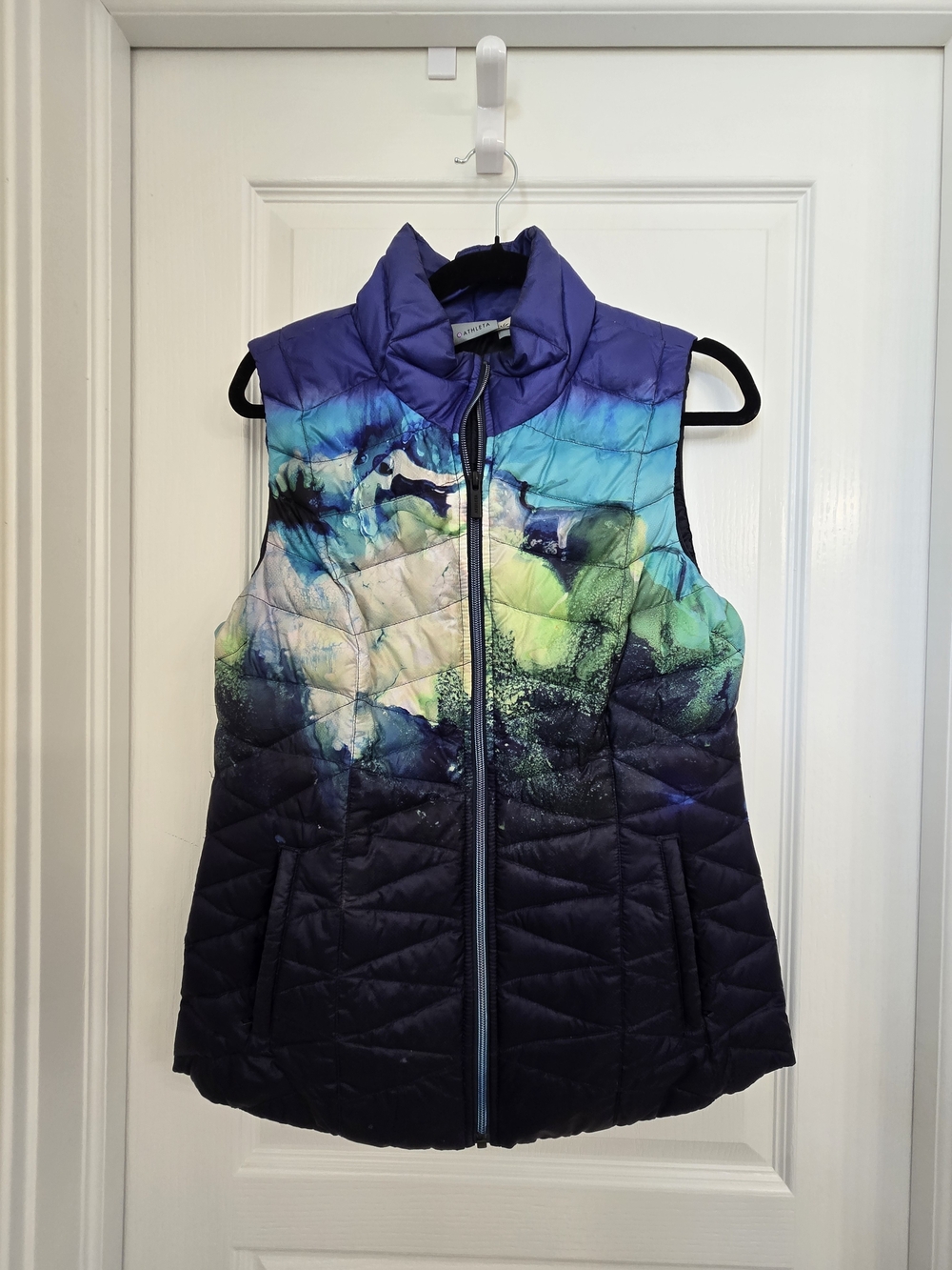 Athleta Quilted Puffer Vest Women’s Medium Indigo Blue Green Print